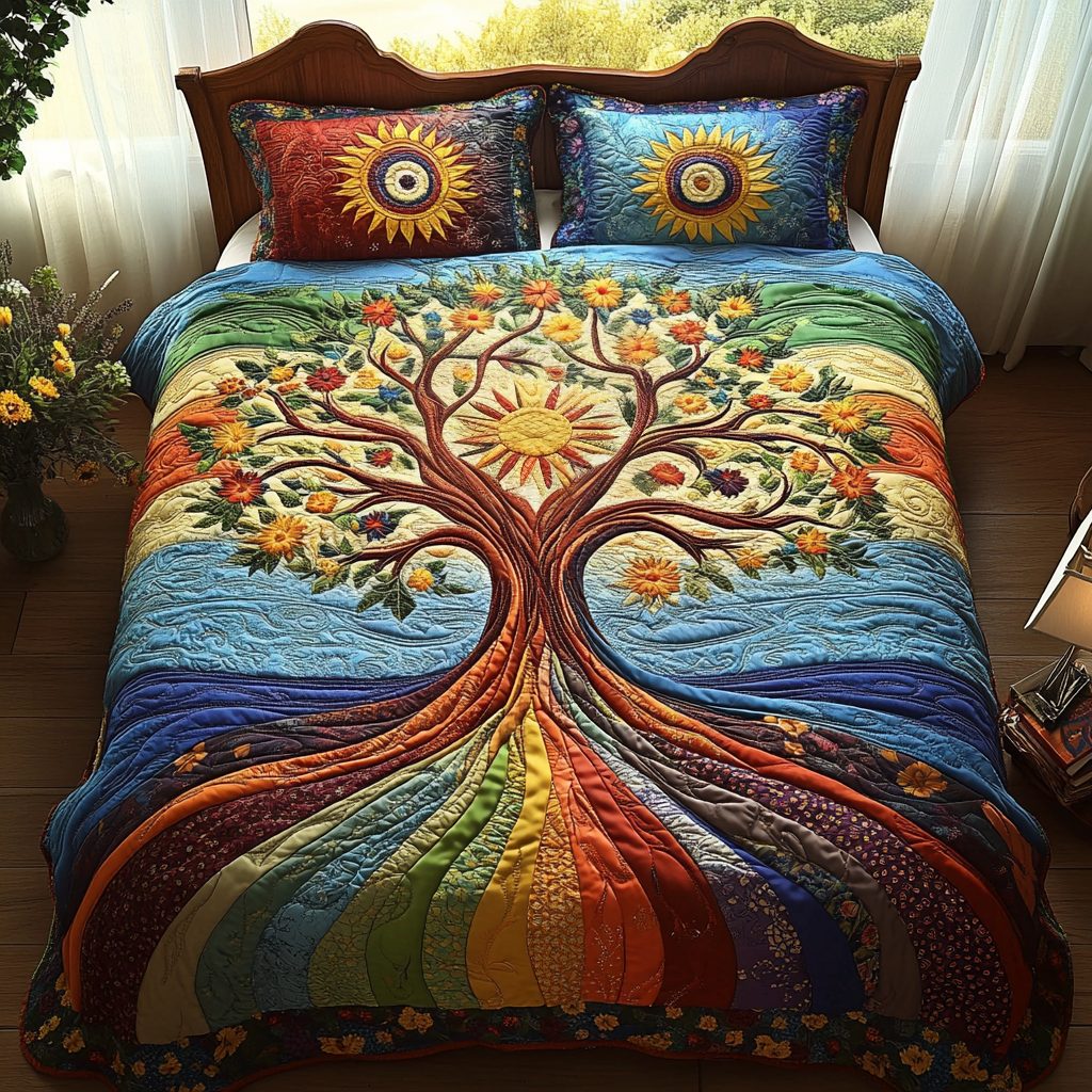 Sunlit Tree Meadow quilted 3-piece bedding set on a made bed with two matching pillow shams