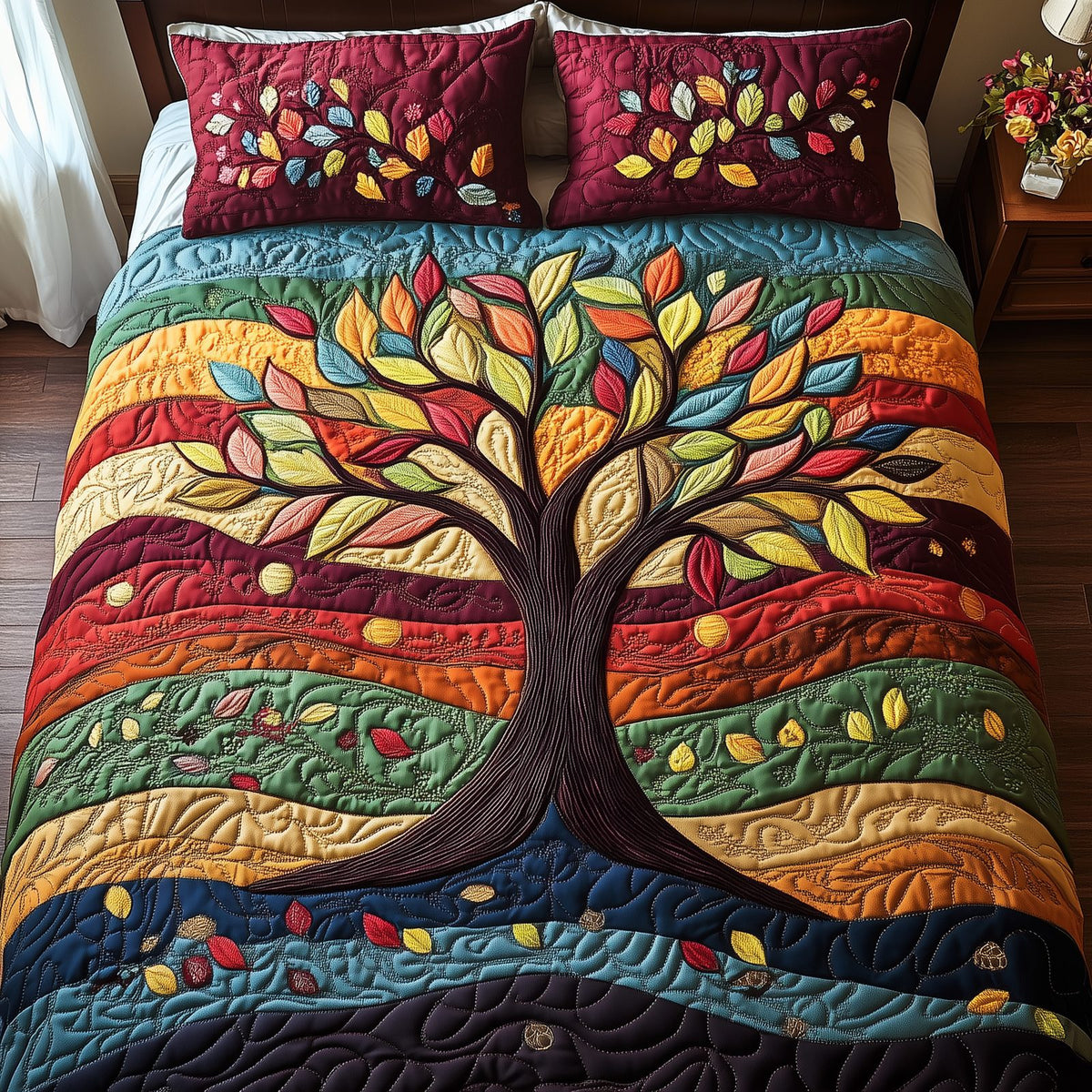 Sunlit Tree of Life quilted 3-piece bedding set on a made bed with two matching pillow shams