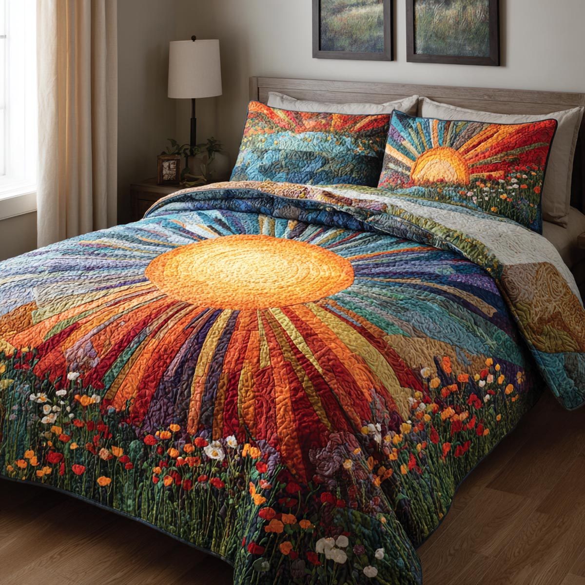 Sunlit Vibes quilted 3-piece bedding set on a made bed with two matching pillow shams
