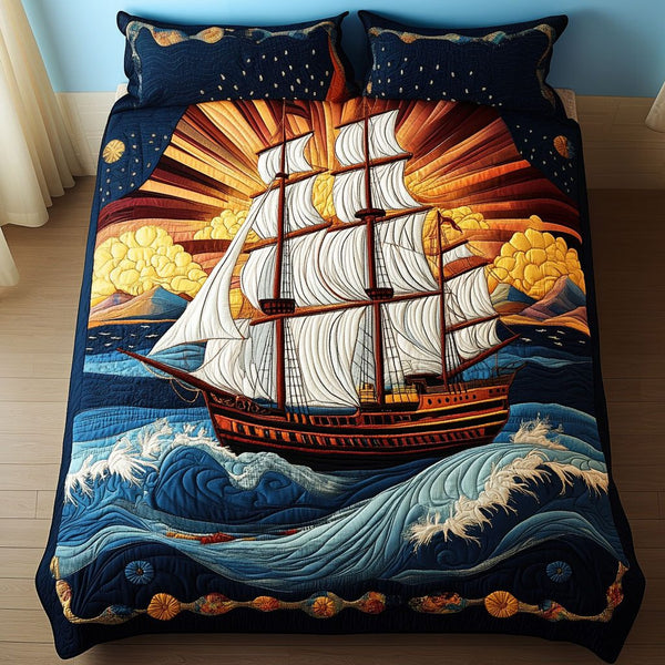 Sunlit Voyage quilted 3-piece bedding set on a made bed with two matching pillow shams
