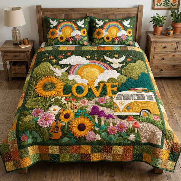 Sunlit Wander quilted 3-piece bedding set on a made bed with two matching pillow shams