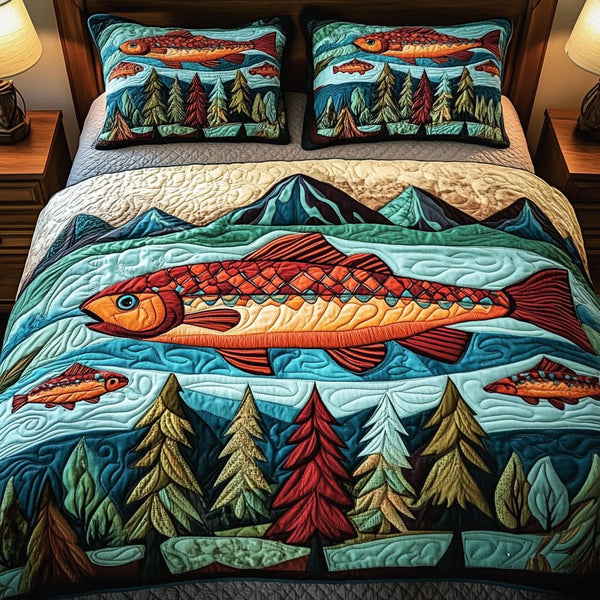 Sunlit Waters quilted 3-piece bedding set on a made bed with two matching pillow shams