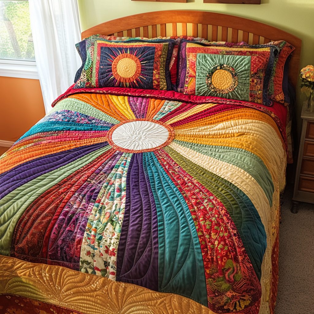 Sunlit Waves quilted 3-piece bedding set on a made bed in a light coastal bedroom