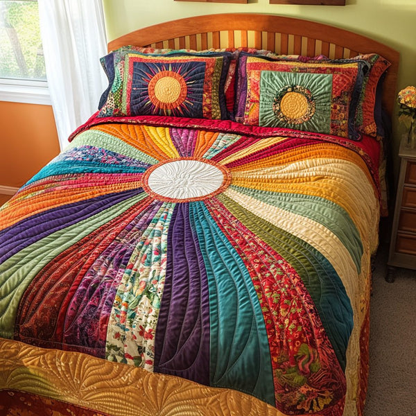 Sunlit Waves quilted 3-piece bedding set on a made bed in a light coastal bedroom