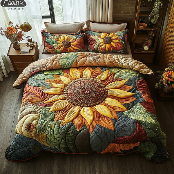 Sunlit Whispers quilted 3-piece bedding set on a made bed with two matching pillow shams