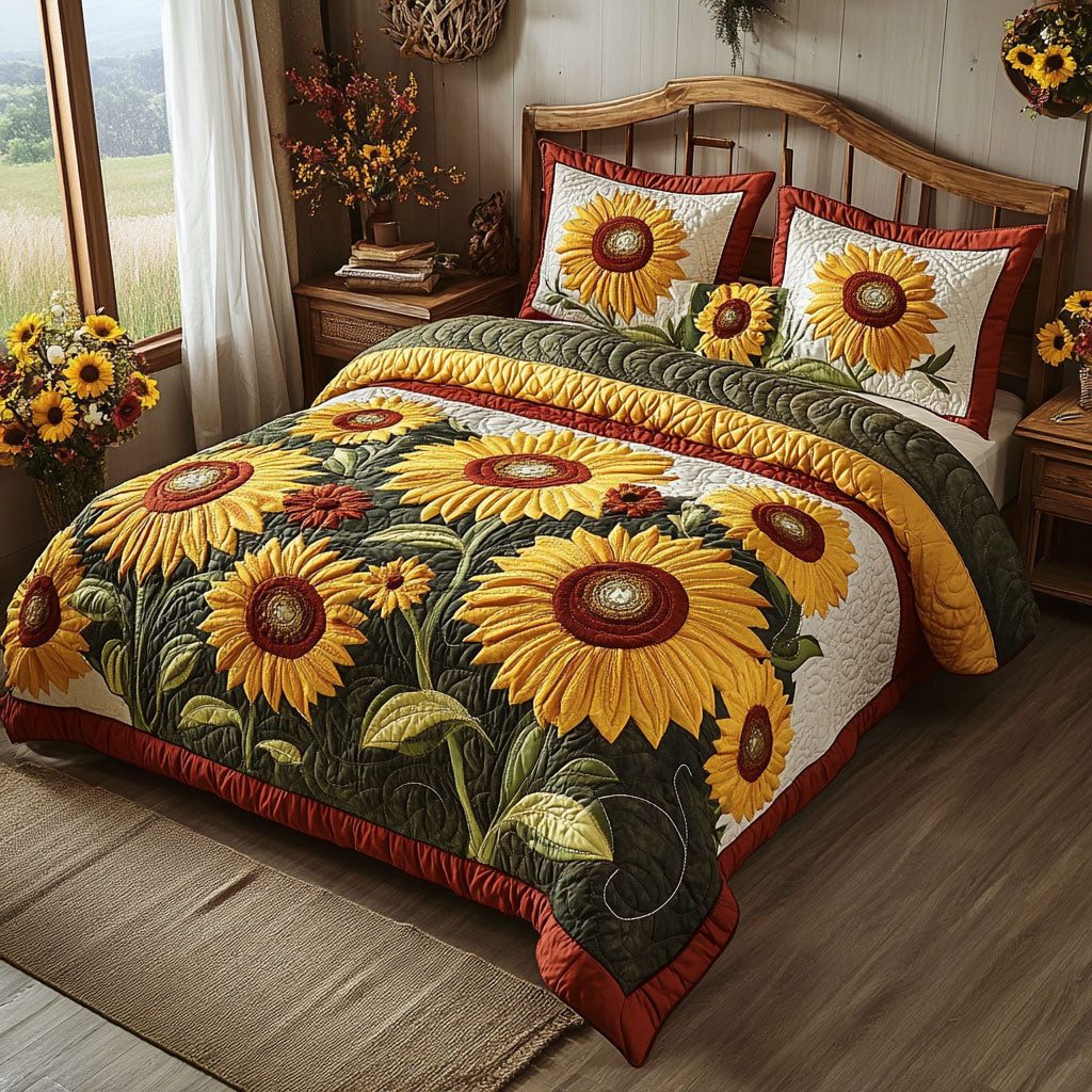Sunlit Whispers quilted 3-piece bedding set on a made bed with two matching pillow shams