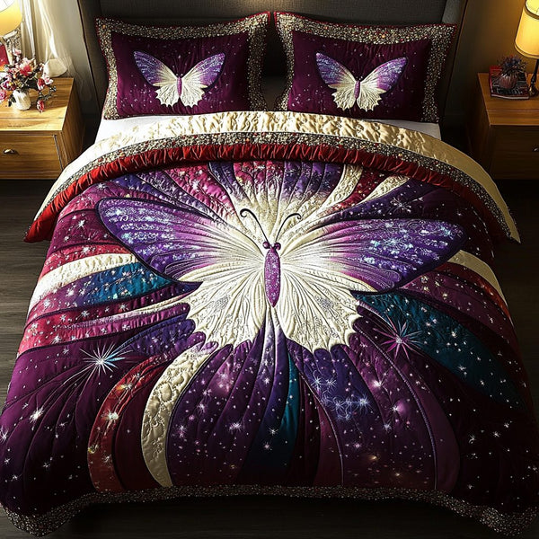 Sunlit Wings quilted 3-piece bedding set on a made bed with two matching pillow shams
