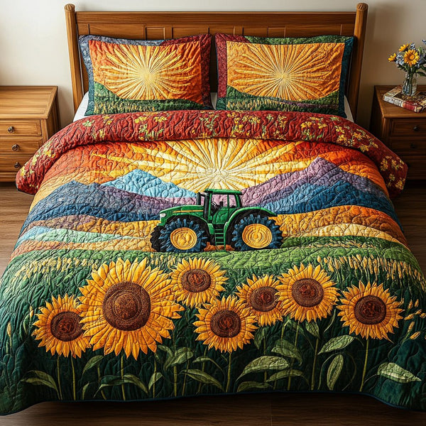 Sunny Acres quilted 3-piece bedding set on a made bed with two matching pillow shams