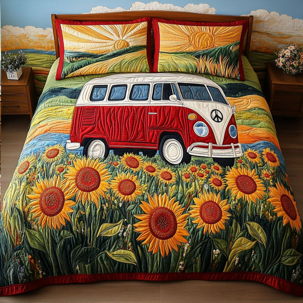 Sunny Adventures quilted 3-piece bedding set on a made bed in a winter-styled bedroom