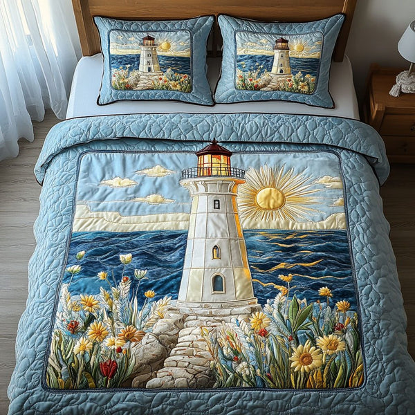 Sunny Bay Tower quilted 3-piece bedding set on a made bed in a light coastal bedroom