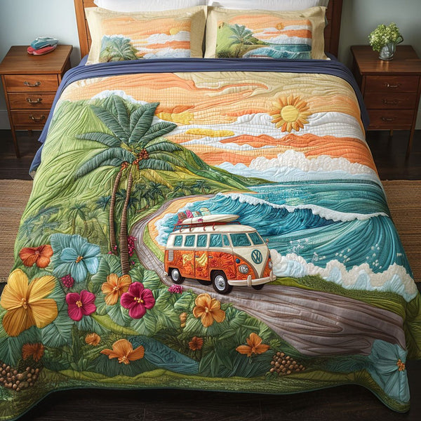 Sunny Beach Bliss quilted 3-piece bedding set on a made bed in a light coastal bedroom