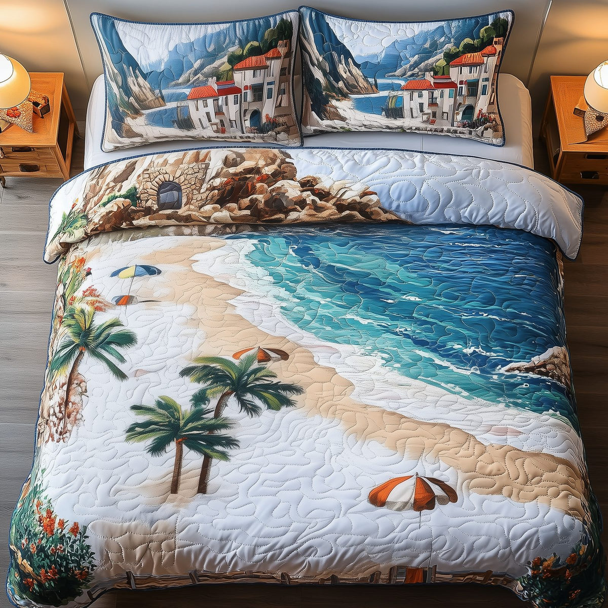 Sunny Beach quilted 3-piece bedding set on a made bed in a light coastal bedroom