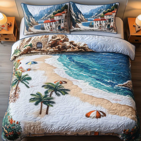 Sunny Beach quilted 3-piece bedding set on a made bed in a light coastal bedroom