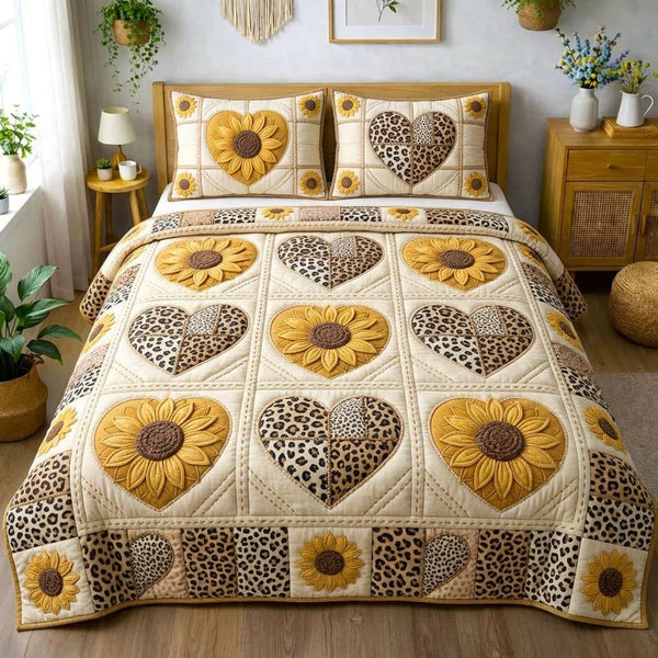 Sunny Bloom quilted 3-piece bedding set on a made bed with two matching pillow shams