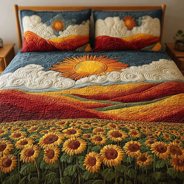 Sunny Bloom quilted 3-piece bedding set on a made bed with two matching pillow shams