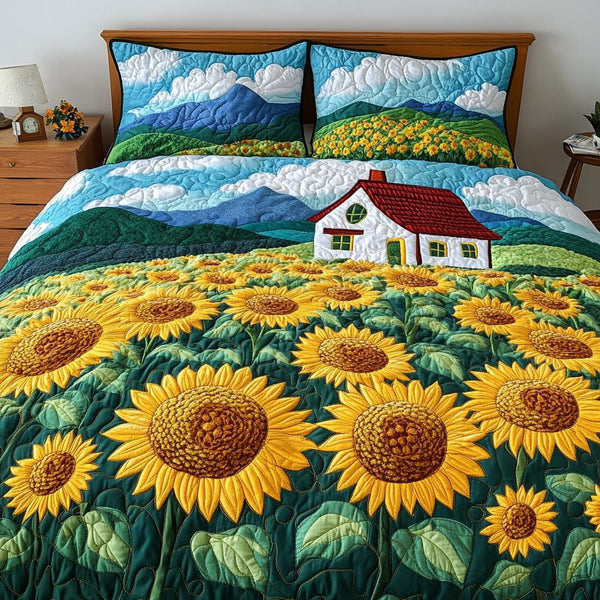 Sunny Bloom quilted 3-piece bedding set on a made bed with two matching pillow shams