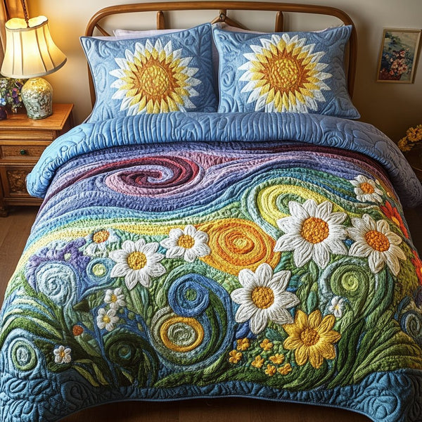 Sunny Bloom quilted 3-piece bedding set on a made bed with two matching pillow shams