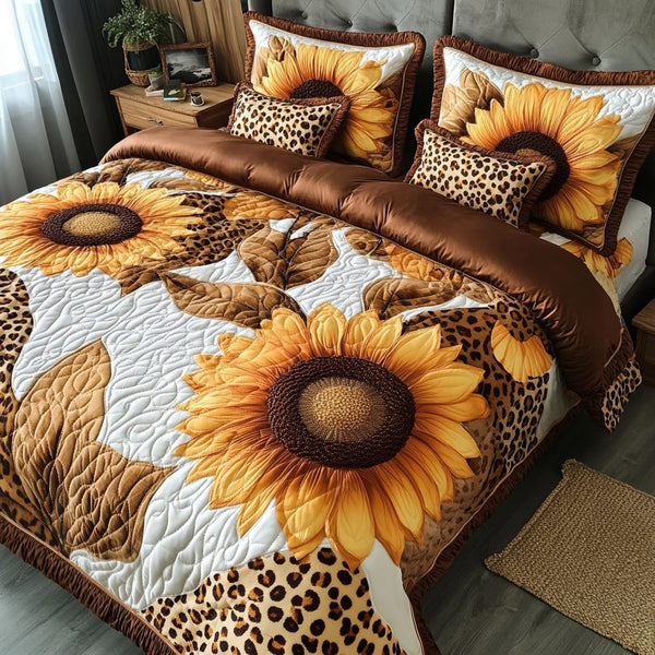 Sunny Bloom quilted 3-piece bedding set on a made bed with two matching pillow shams