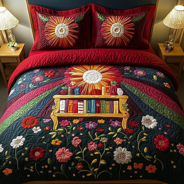 Sunny Bookshelf quilted 3-piece bedding set on a made bed with two matching pillow shams