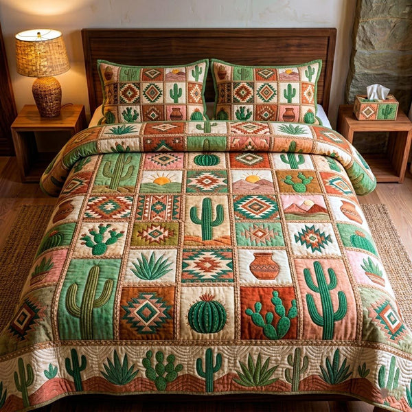 Sunny Cactus quilted 3-piece bedding set on a made bed with two matching pillow shams