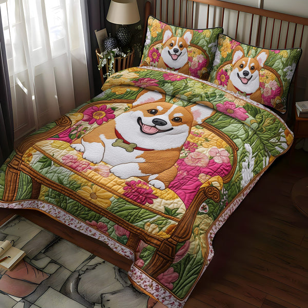 Sunny Corgi Garden quilted 3-piece bedding set on a made bed with two matching pillow shams