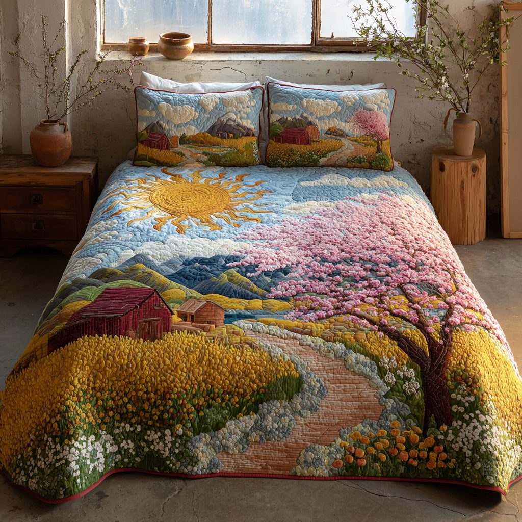 Sunny Cottage quilted 3-piece bedding set on a made bed in a farmhouse bedroom