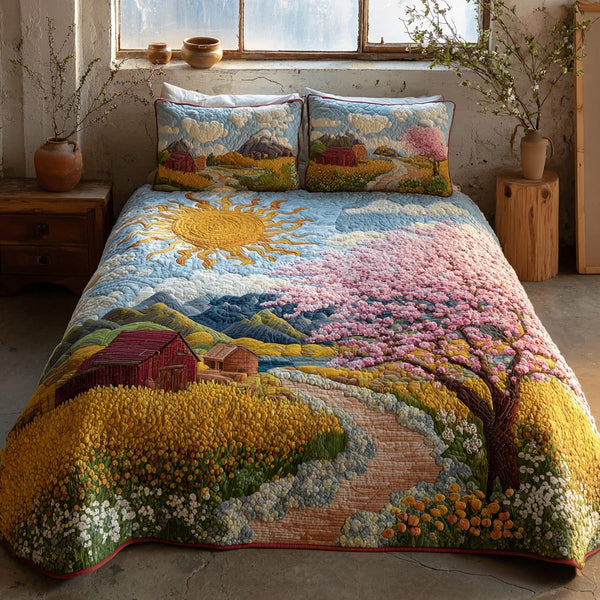 Sunny Cottage quilted 3-piece bedding set on a made bed in a farmhouse bedroom