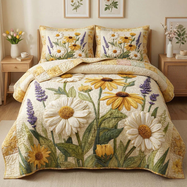 Sunny Daisies quilted 3-piece bedding set on a made bed with two matching pillow shams