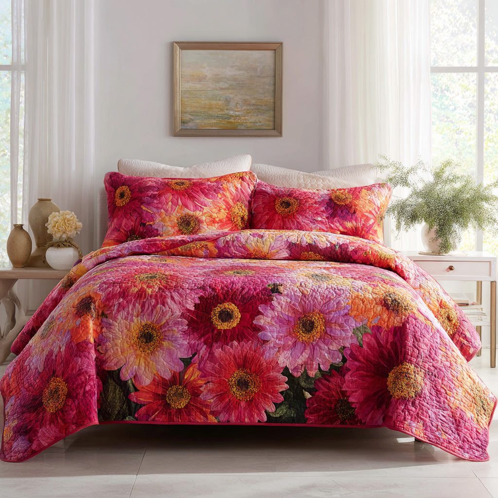 Sunny Daisies quilted 3-piece bedding set on a made bed with two matching pillow shams