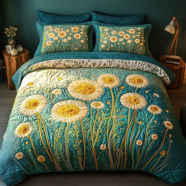 Sunny Dandelions quilted 3-piece bedding set on a made bed with two matching pillow shams