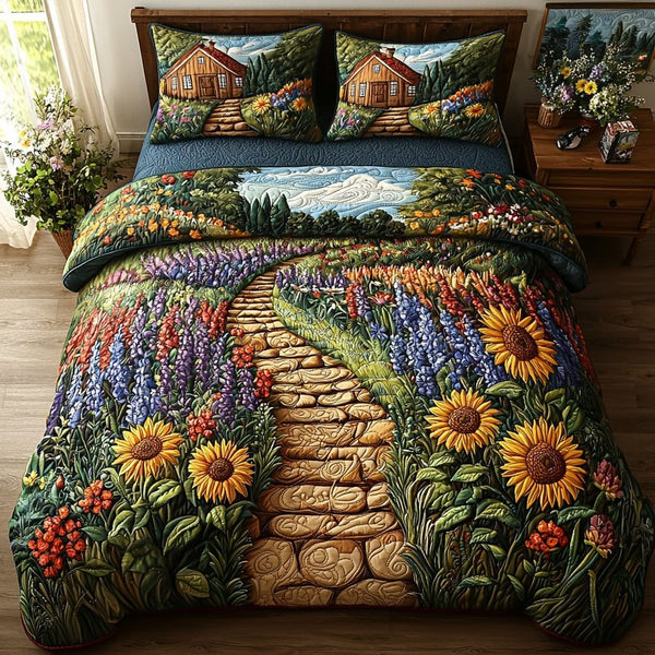 Sunny Daze quilted 3-piece bedding set on a made bed with two matching pillow shams