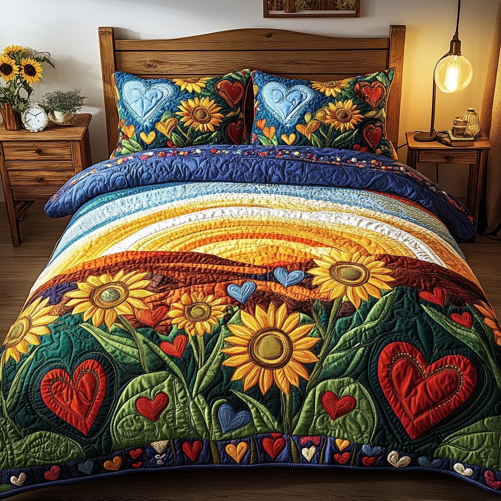 Sunny Delight quilted 3-piece bedding set on a made bed with two matching pillow shams