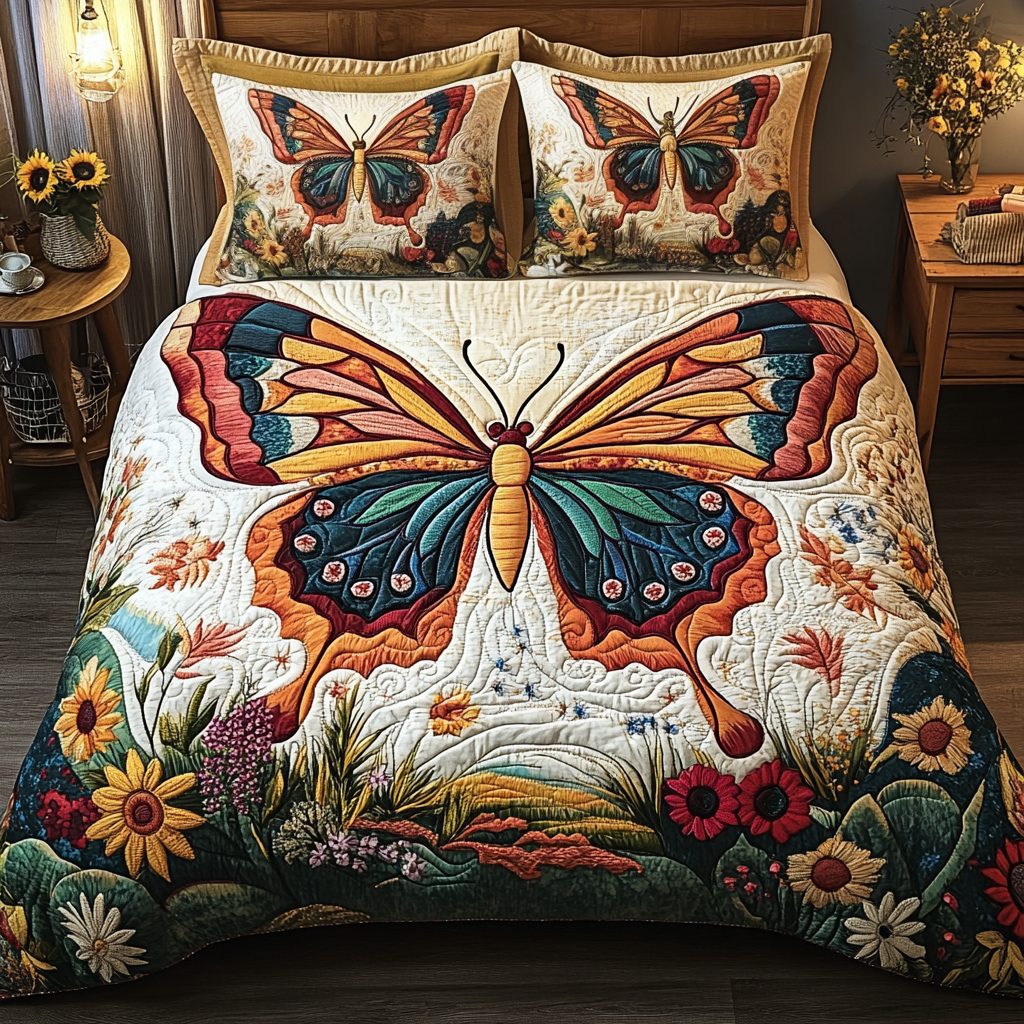 Sunny Escape quilted 3-piece bedding set on a made bed with two matching pillow shams