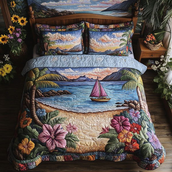 Sunny Escape quilted 3-piece bedding set on a made bed with two matching pillow shams