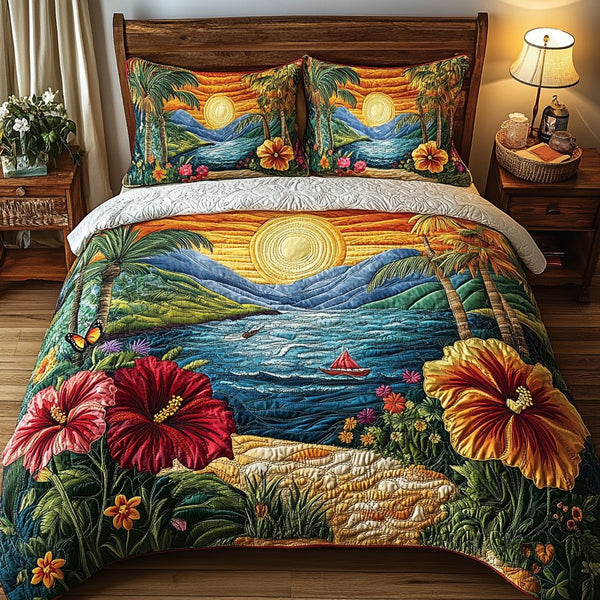 Sunny Escape quilted 3-piece bedding set on a made bed with two matching pillow shams
