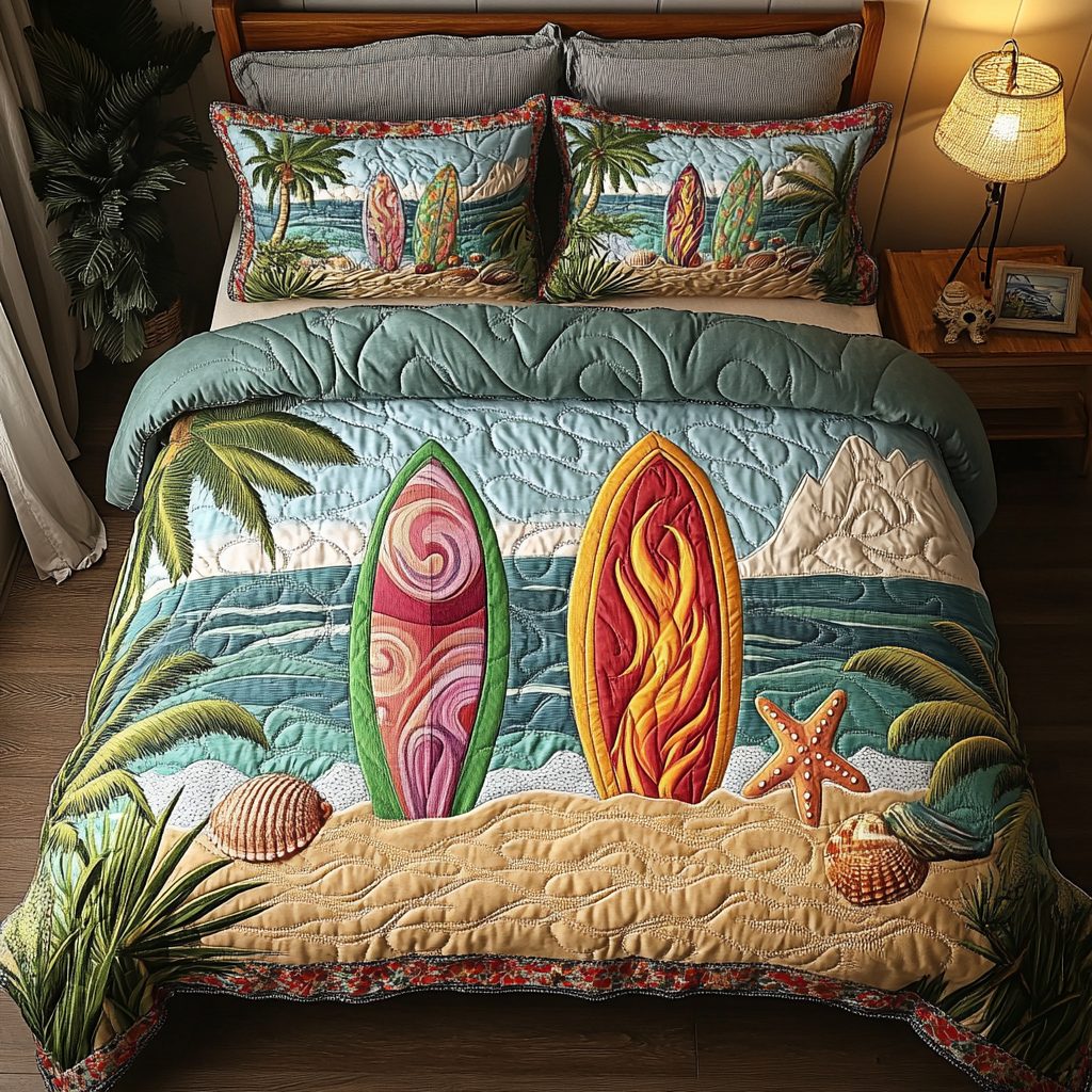 Sunny Escape quilted 3-piece bedding set on a made bed with two matching pillow shams