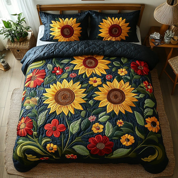Sunny Fields quilted 3-piece bedding set on a made bed with two matching pillow shams