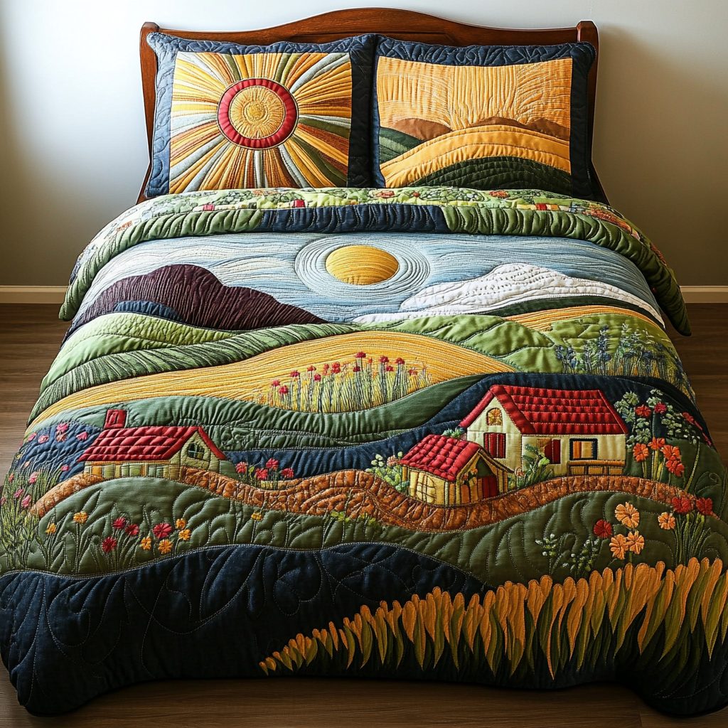 Sunny Fields quilted 3-piece bedding set on a made bed with two matching pillow shams