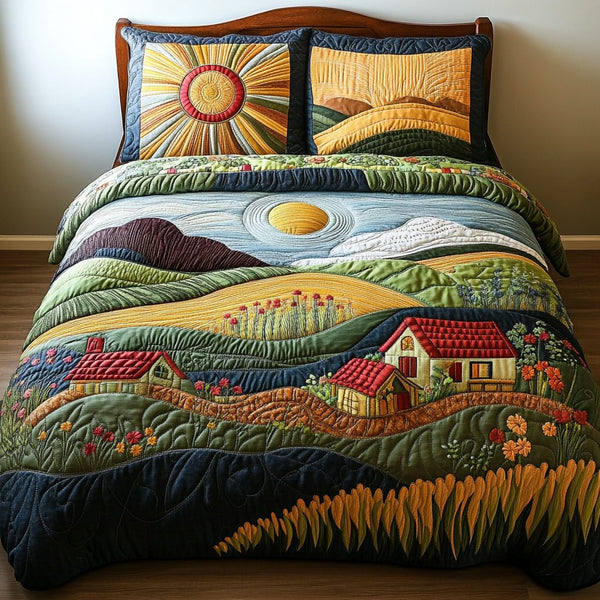 Sunny Fields quilted 3-piece bedding set on a made bed with two matching pillow shams