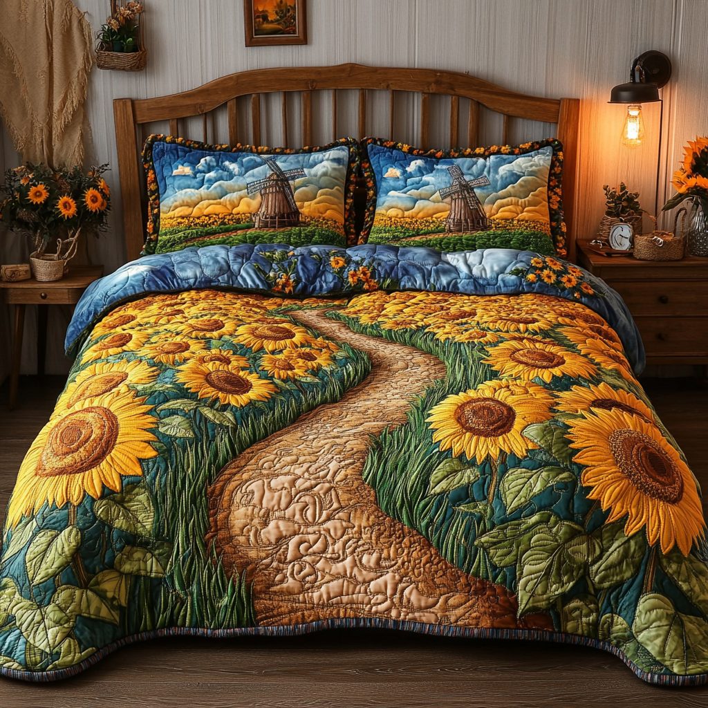 Sunny Fields quilted 3-piece bedding set on a made bed with two matching pillow shams
