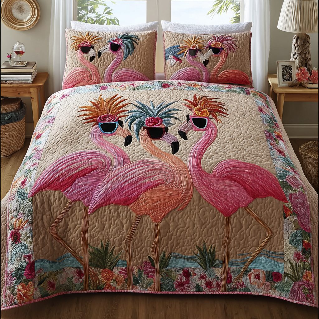 Sunny Flamingo quilted 3-piece bedding set on a made bed with two matching pillow shams