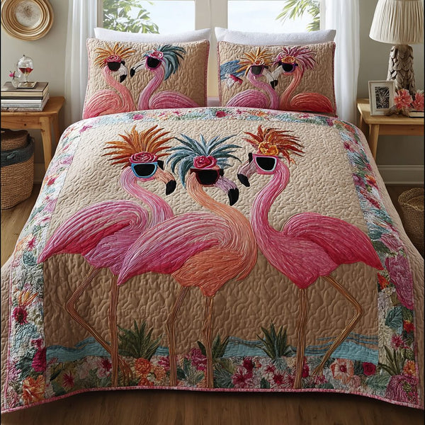 Sunny Flamingo quilted 3-piece bedding set on a made bed with two matching pillow shams