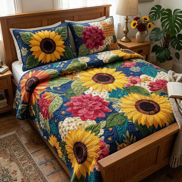 Sunny Floral Escape quilted 3-piece bedding set on a made bed with two matching pillow shams