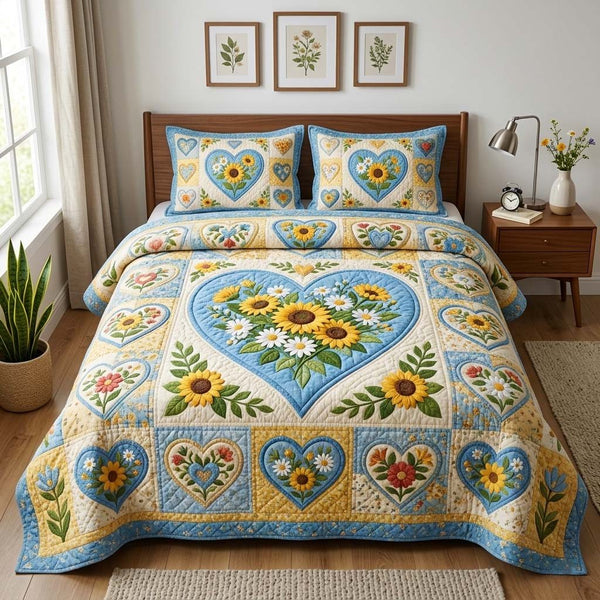 Sunny Floral quilted 3-piece bedding set on a made bed with two matching pillow shams