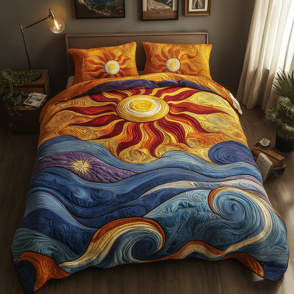 Sunny Flow quilted 3-piece bedding set on a made bed with two matching pillow shams
