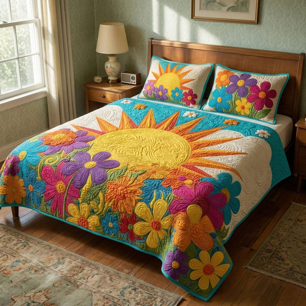 Sunny Flower Vibes quilted 3-piece bedding set on a made bed with two matching pillow shams