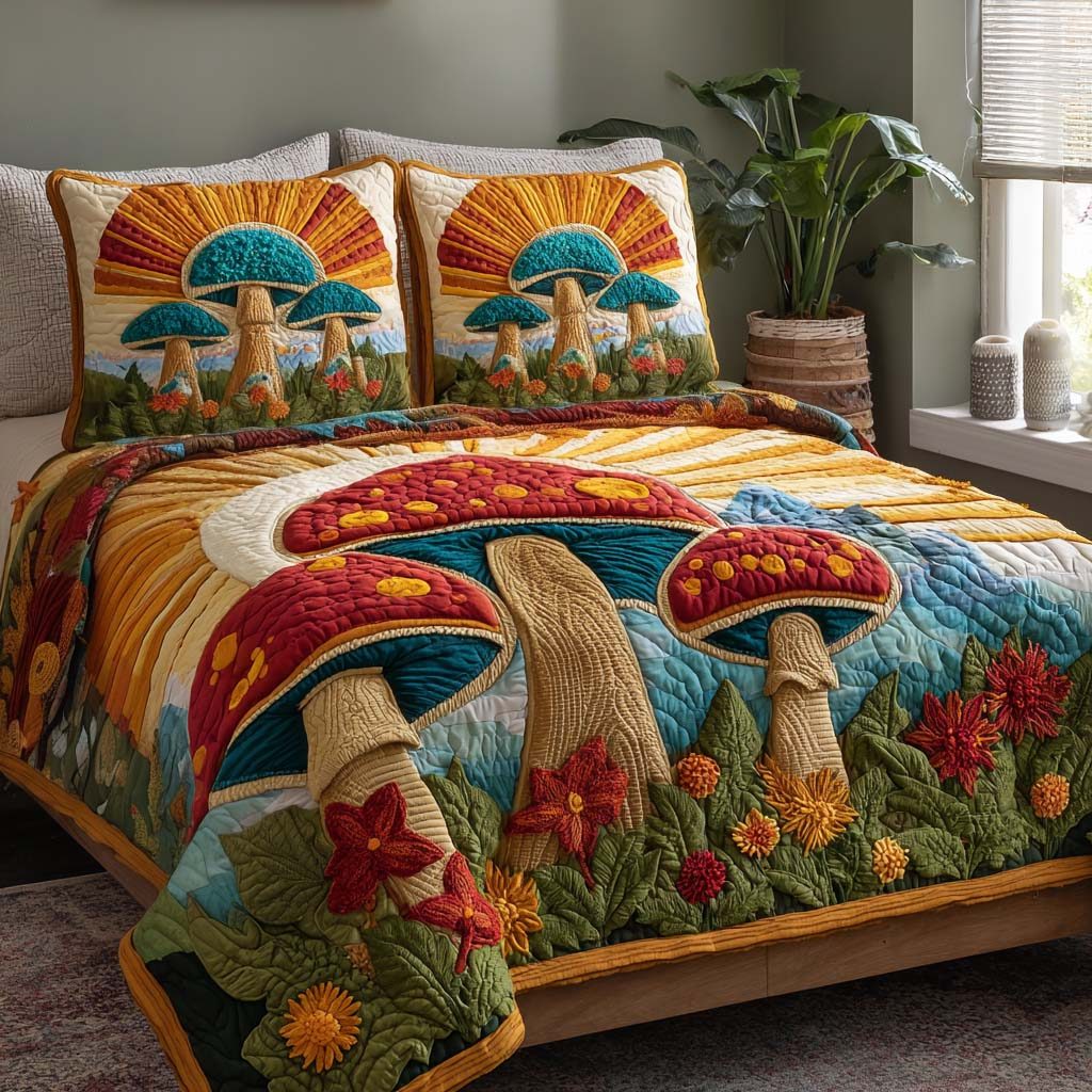 Sunny Forest quilted 3-piece bedding set on a made bed with two matching pillow shams