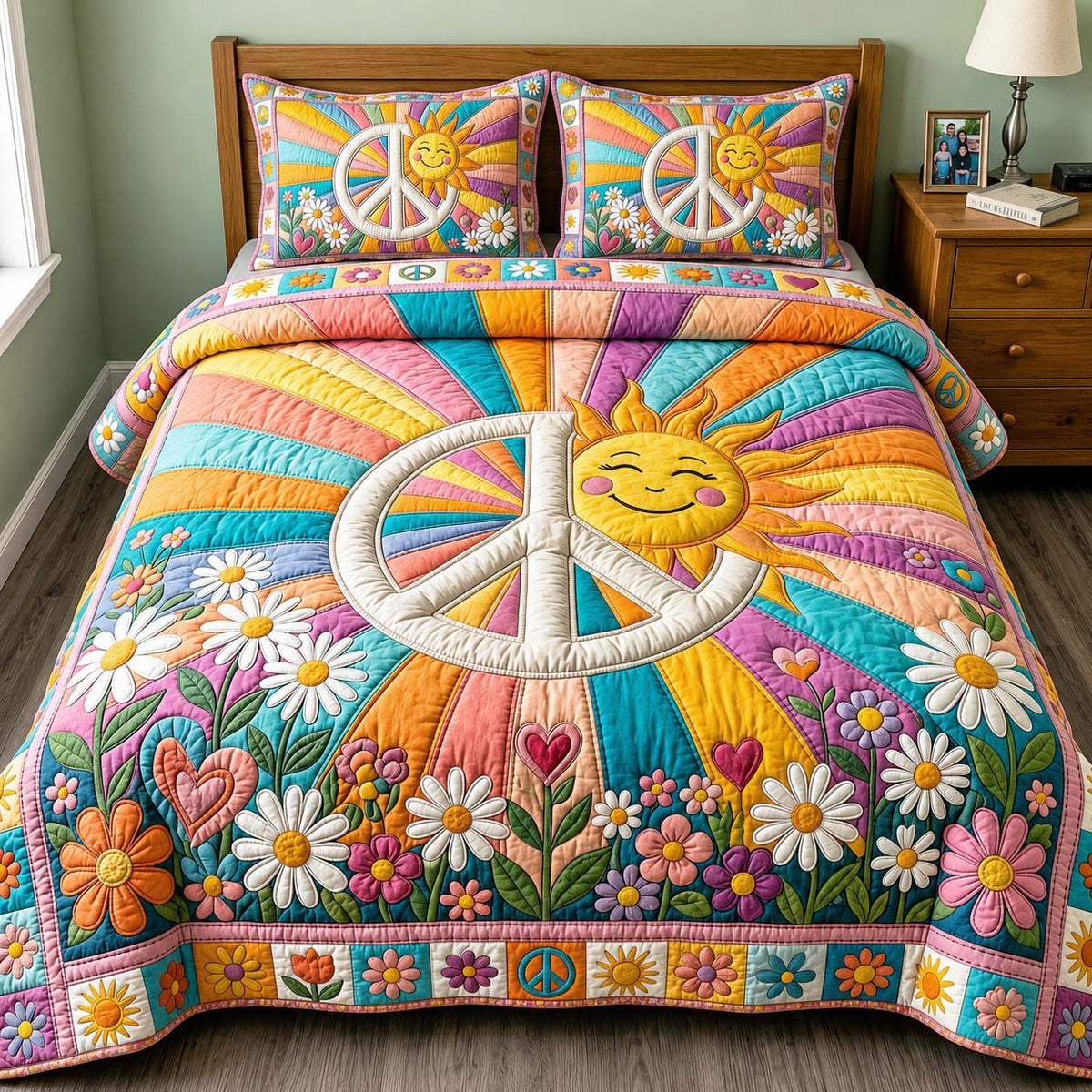 Sunny Freedom quilted 3-piece bedding set on a made bed in a warmly lit bedroom