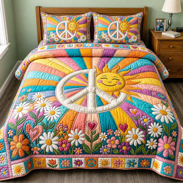 Sunny Freedom quilted 3-piece bedding set on a made bed in a warmly lit bedroom