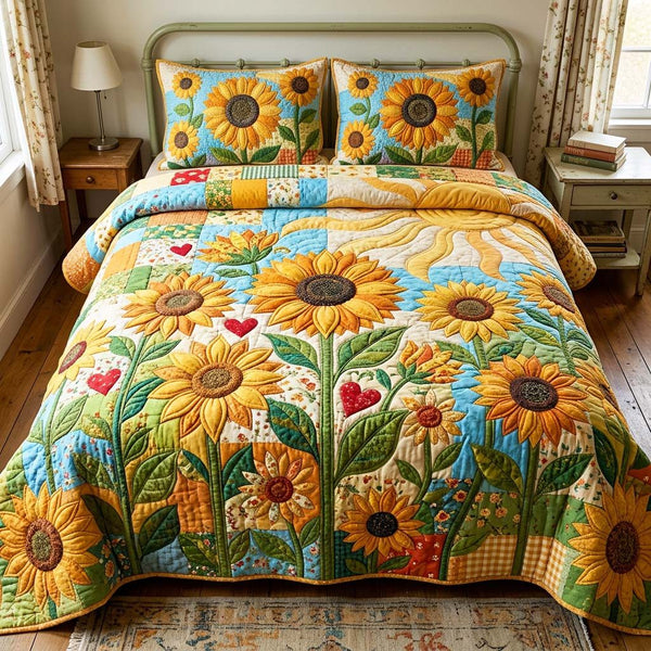 Sunny Garden quilted 3-piece bedding set on a made bed with two matching pillow shams